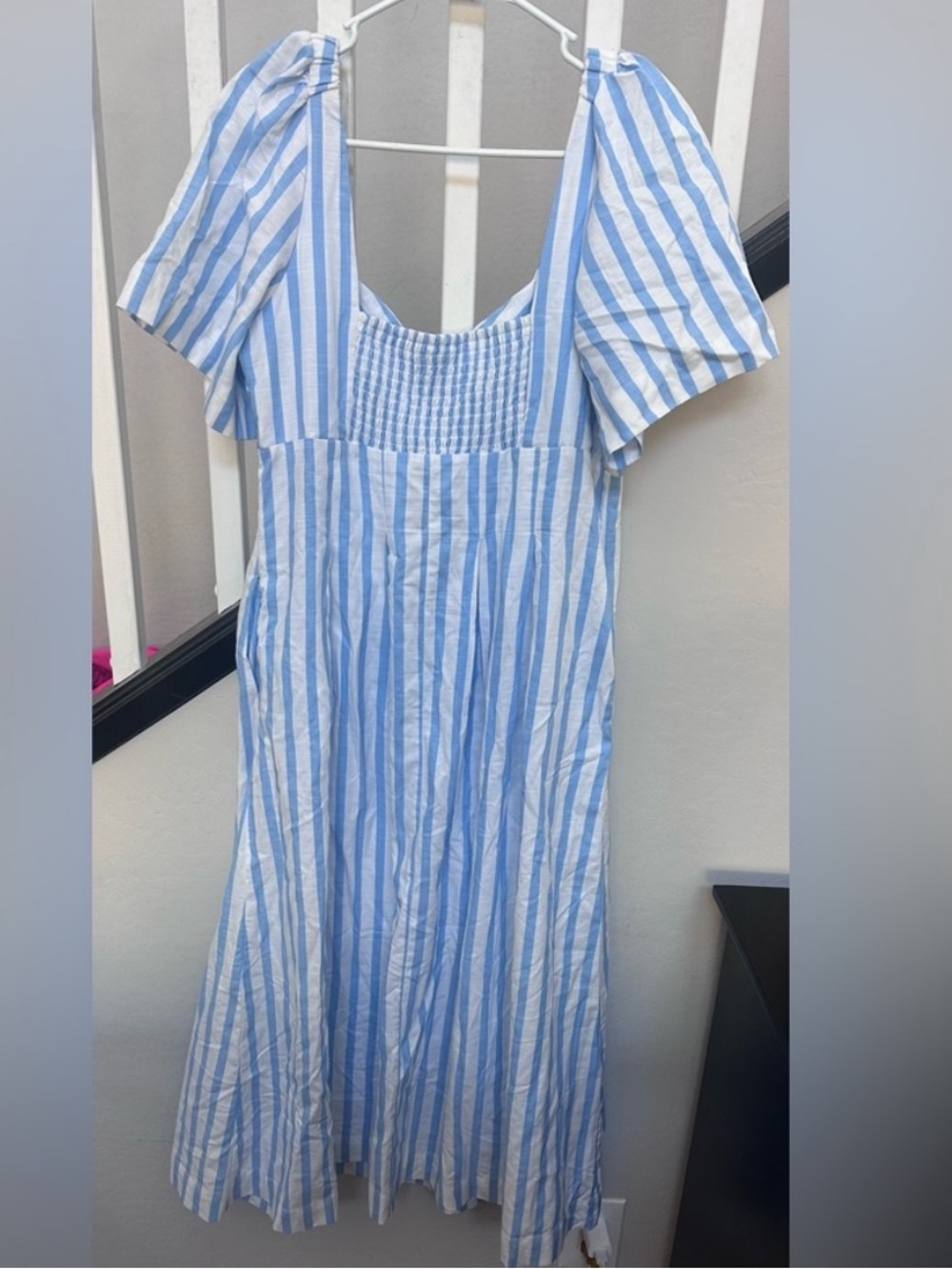 A New Day Blue White Striped Puff Sleeve Midi Dress Size 10 Coastal Cottagecore - Picture 3 of 5